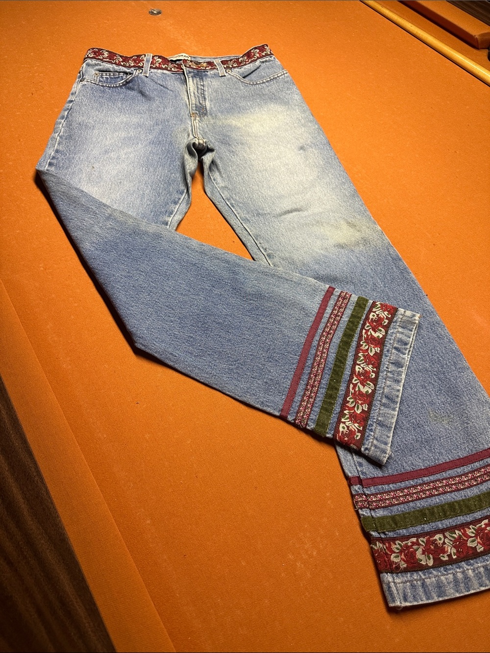LONDONJEAN Light Blue Denim Boot Cut Jeans with Multi-Color Embroidered Trim